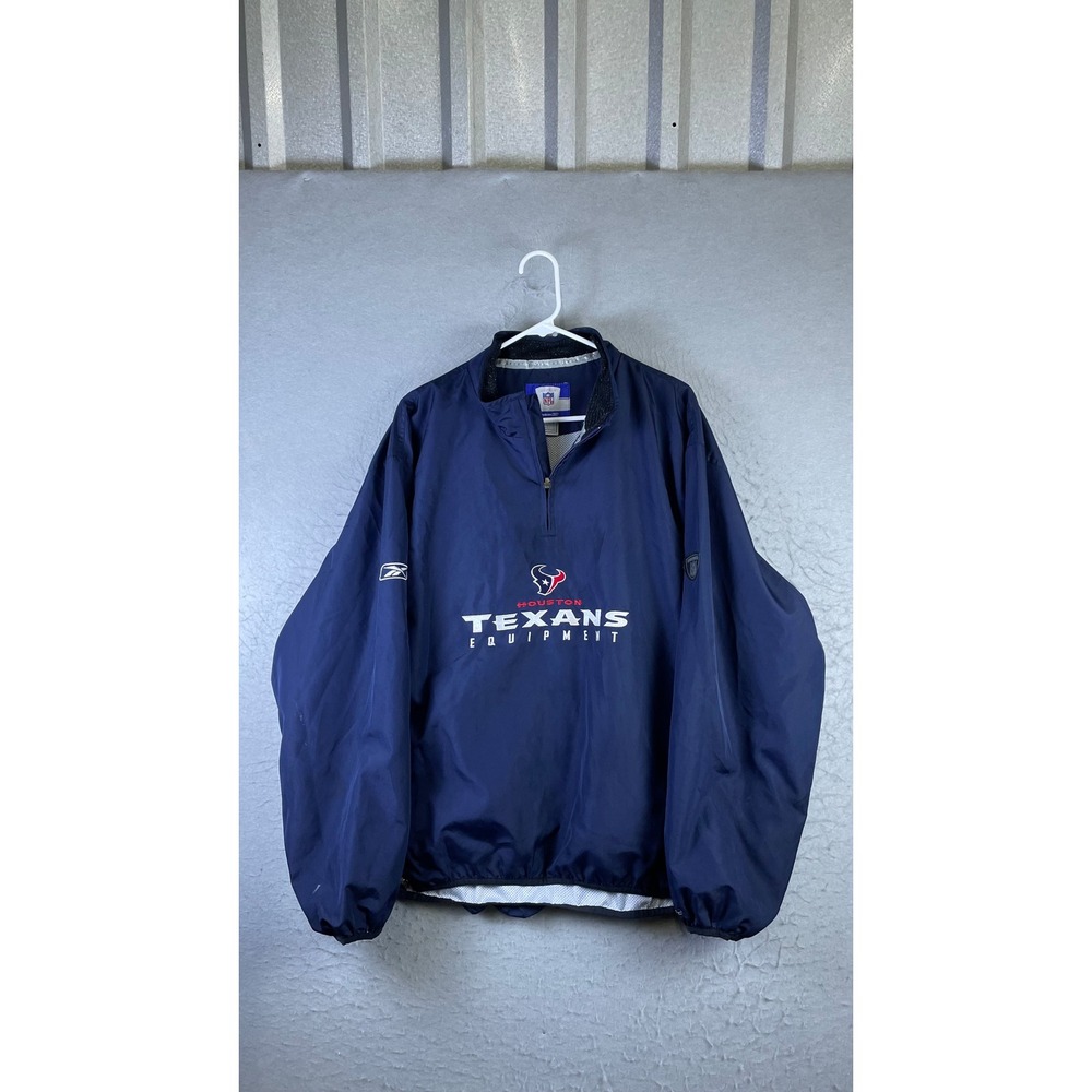 Reebok Windbreaker Jacket Mens Large Blue Good Houston Texans NFL Quarter Zip